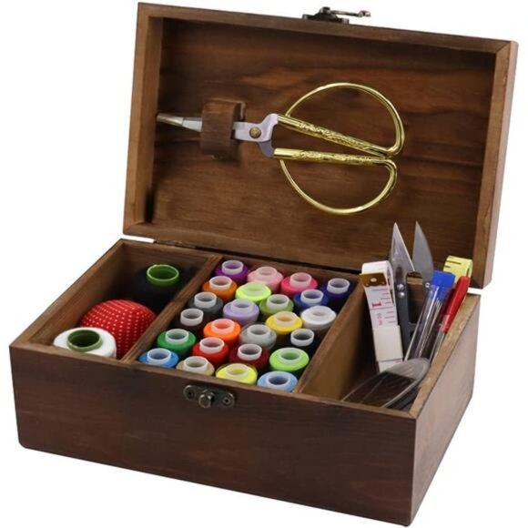 Sewing Kit Box Basket, Wooden Hand Home Sewing Repair Tool Kit, Beginner Kit - Picture 1 of 7